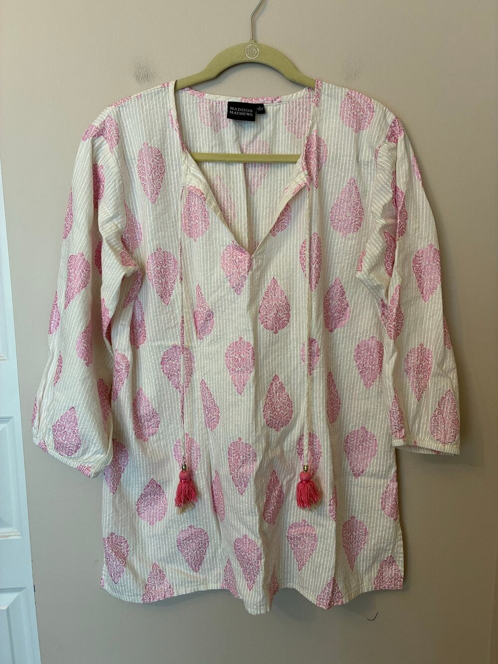 Madison Mathews Tuckernuck 100% Cotton Cream Pink Tunic Top 3/4 Sleeve Sz Large